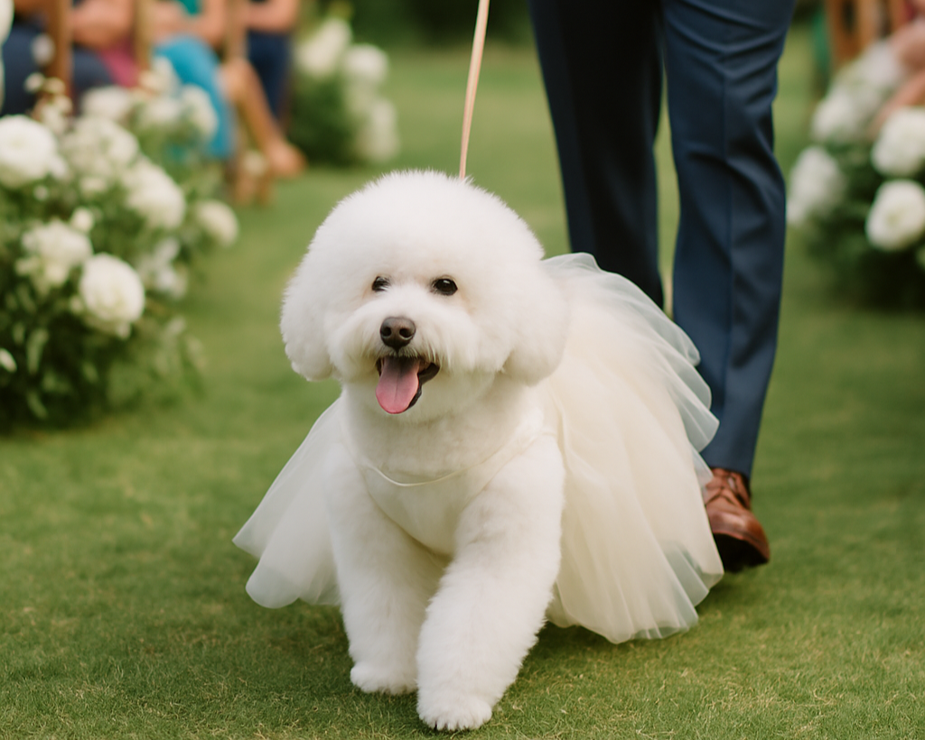 fluffy dog walked down the aisle