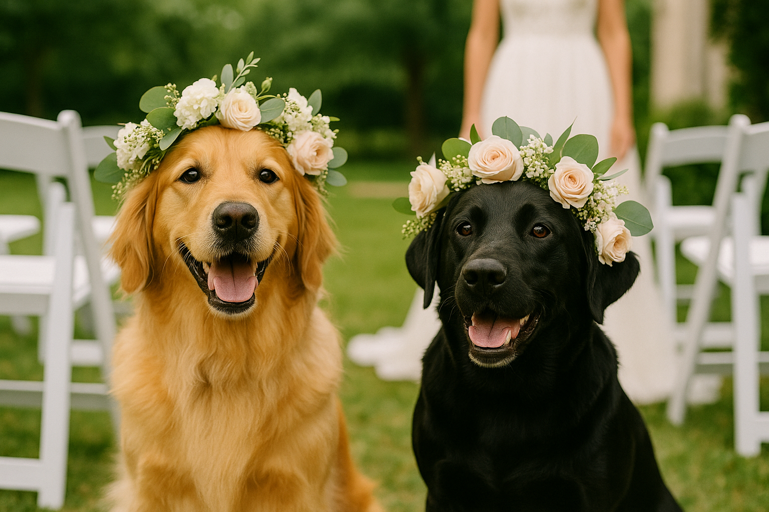 two happy dogs wearing pink flower crowns at a wedding