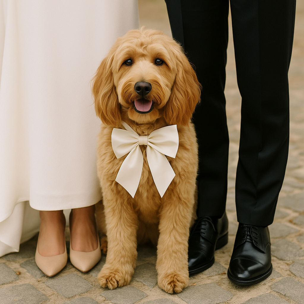 Dog sitting next to bride and groom at wedding