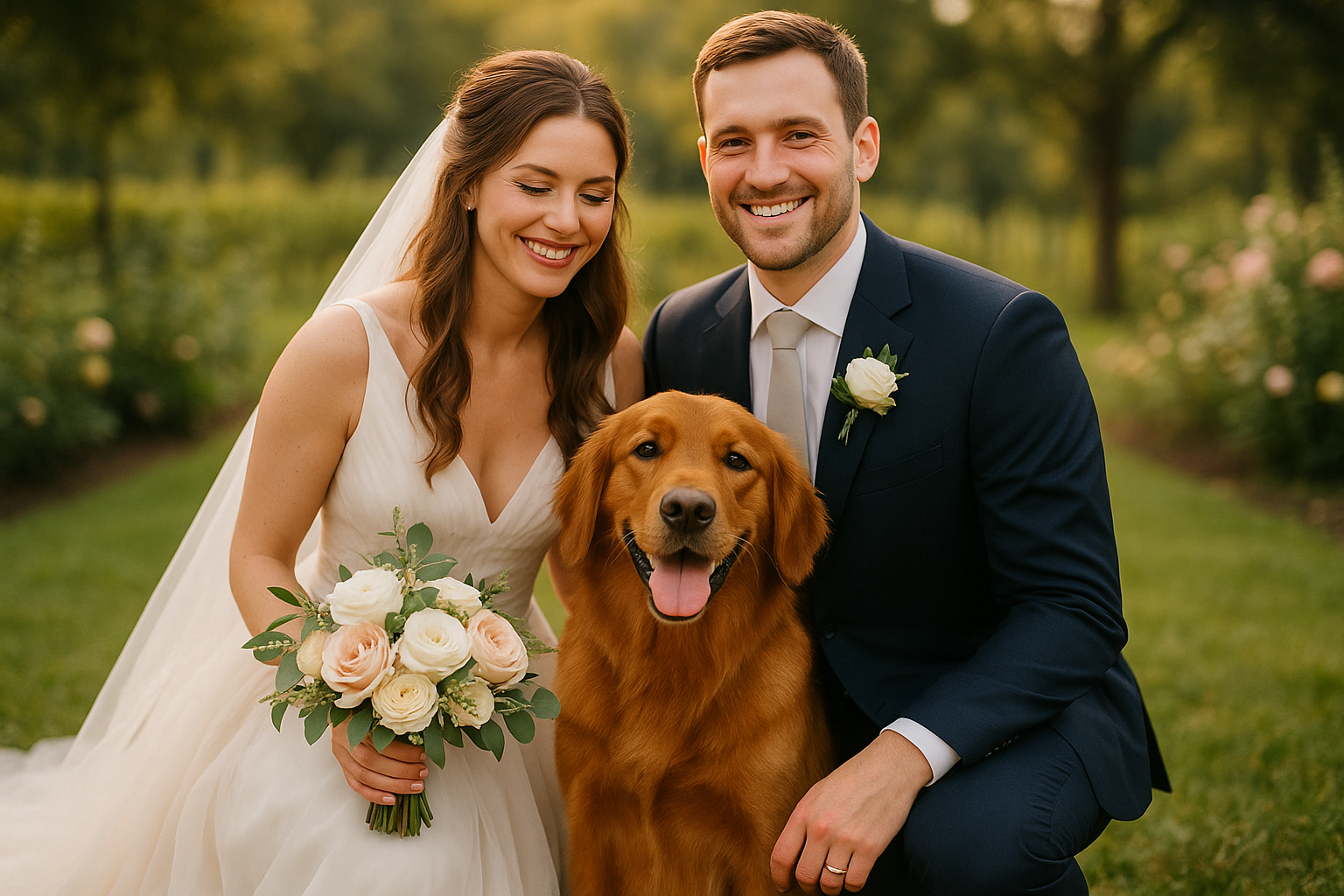 bride and groom with their golden retriever. 